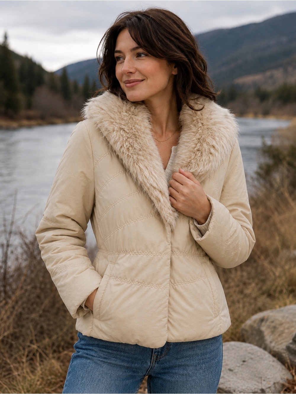 Coldwater Creek puffer coat jacket, removable faux fur collar, cream, size MP
